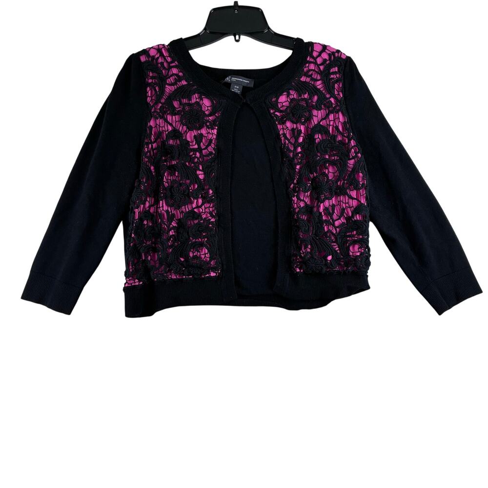 INC Crop Cardigan Womens Petite Medium Black Pink Lace Goth Dark Romantic Cotton